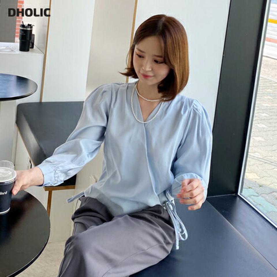 ラップパフブラウス・全2色・b57082 レディース 【bl】【韓国 ファッション トップス ブラウス 長袖 上品 シンプル ラップブラウス ボディライン クロップド丈 リボン フェミニン 春 夏】