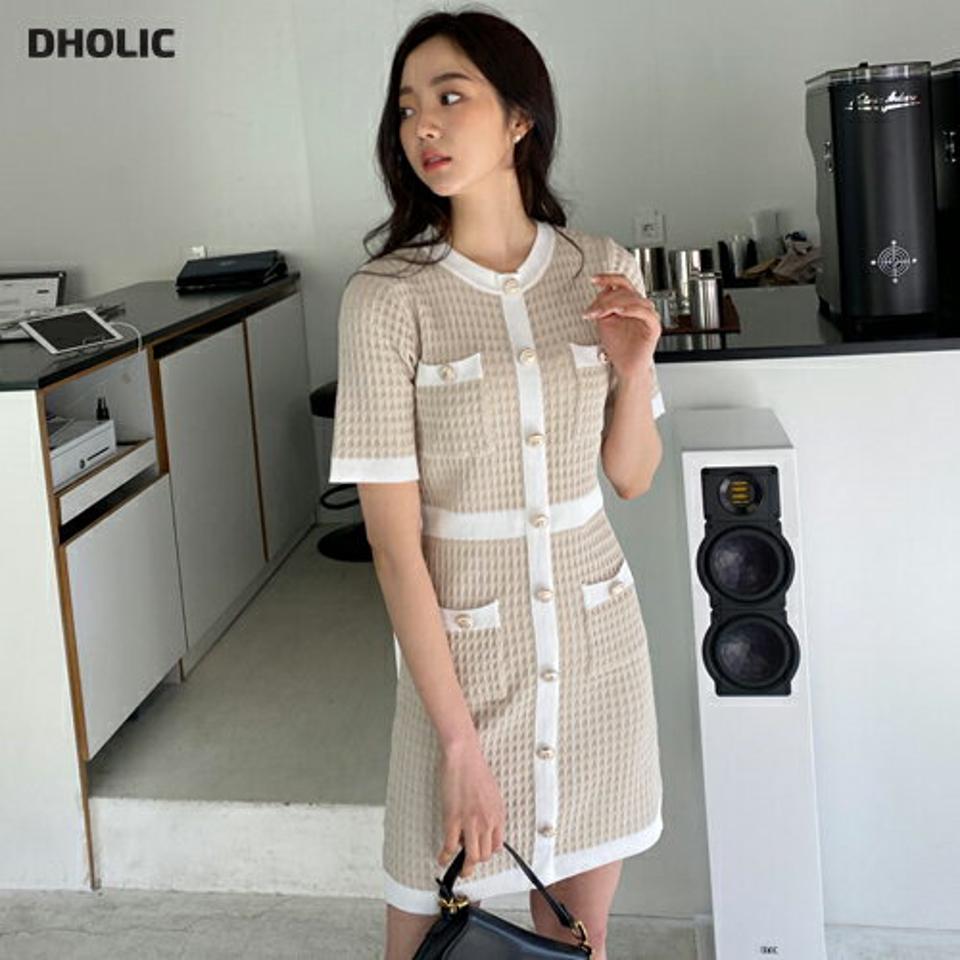 ゴールドボタンニットワンピース・全2色・t57087 レディース 【ops】 韓国 ファッション ワンピース ミニ ミニワンピース 半袖 ゴールドボタン ニットワンピース ラウンドネック ガーリー Hライン 細身 スリム カジュアル 春 夏