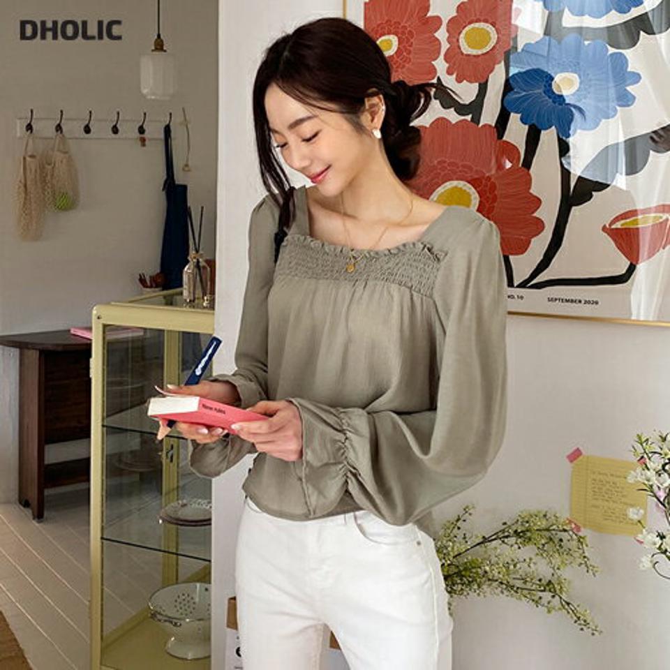 シャーリングスクエアブラウス・全4色・t57103 レディース 【bl】【韓国 ファッション トップス ブラウス 長袖 上品 シンプル ラップブラウス ボディライン クロップド丈 リボン フェミニン ぼわん袖 春 夏】