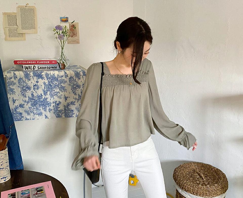 シャーリングスクエアブラウス・全4色・t57103 レディース 【bl】【韓国 ファッション トップス ブラウス 長袖 上品 シンプル ラップブラウス ボディライン クロップド丈 リボン フェミニン ぼわん袖 春 夏】