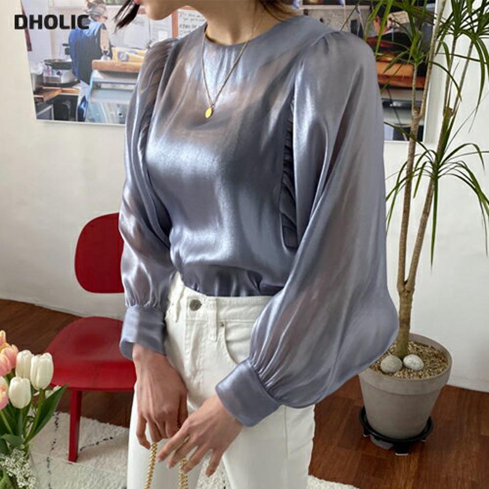 サテンパフブラウス・全3色・t57104 レディース 【bl】【韓国 ファッション トップス ブラウス 長袖 上品 光沢 サテン パフスリーブ 透け感 ラウンドネック フェミニン 春 夏】