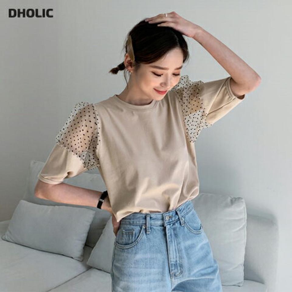 ドットシアースリーブTシャツ・全4色・t65093 レディース 【tops】韓国ファッション トップス Tシャツ 長袖 スリム ドット シアー ラウンドネック ハーフスリーブ ボリューム ルーズ ゆったり 透け感 カジュアル デイリー 秋 春