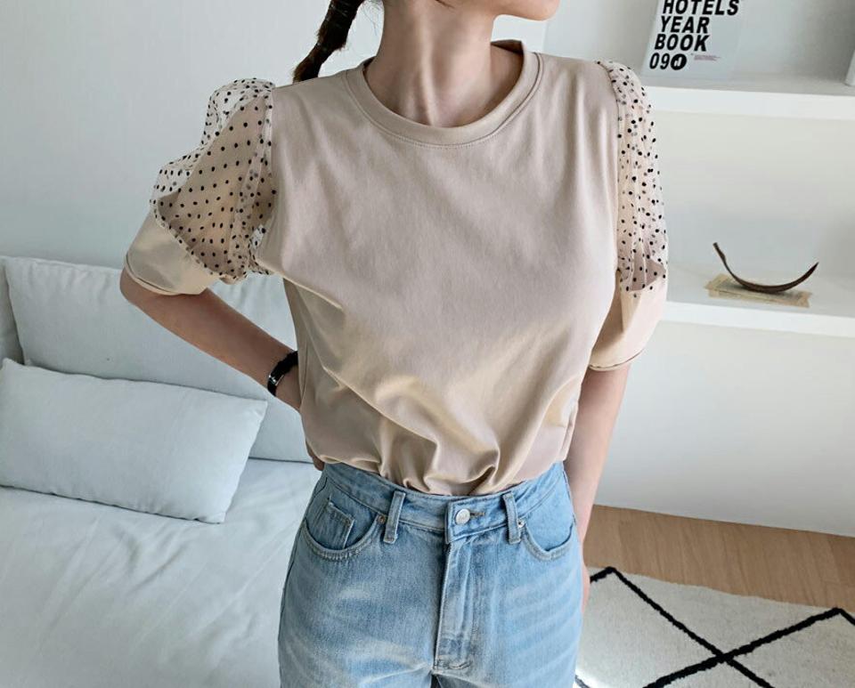 ドットシアースリーブTシャツ・全4色・t65093 レディース 【tops】韓国ファッション トップス Tシャツ 長袖 スリム ドット シアー ラウンドネック ハーフスリーブ ボリューム ルーズ ゆったり 透け感 カジュアル デイリー 秋 春