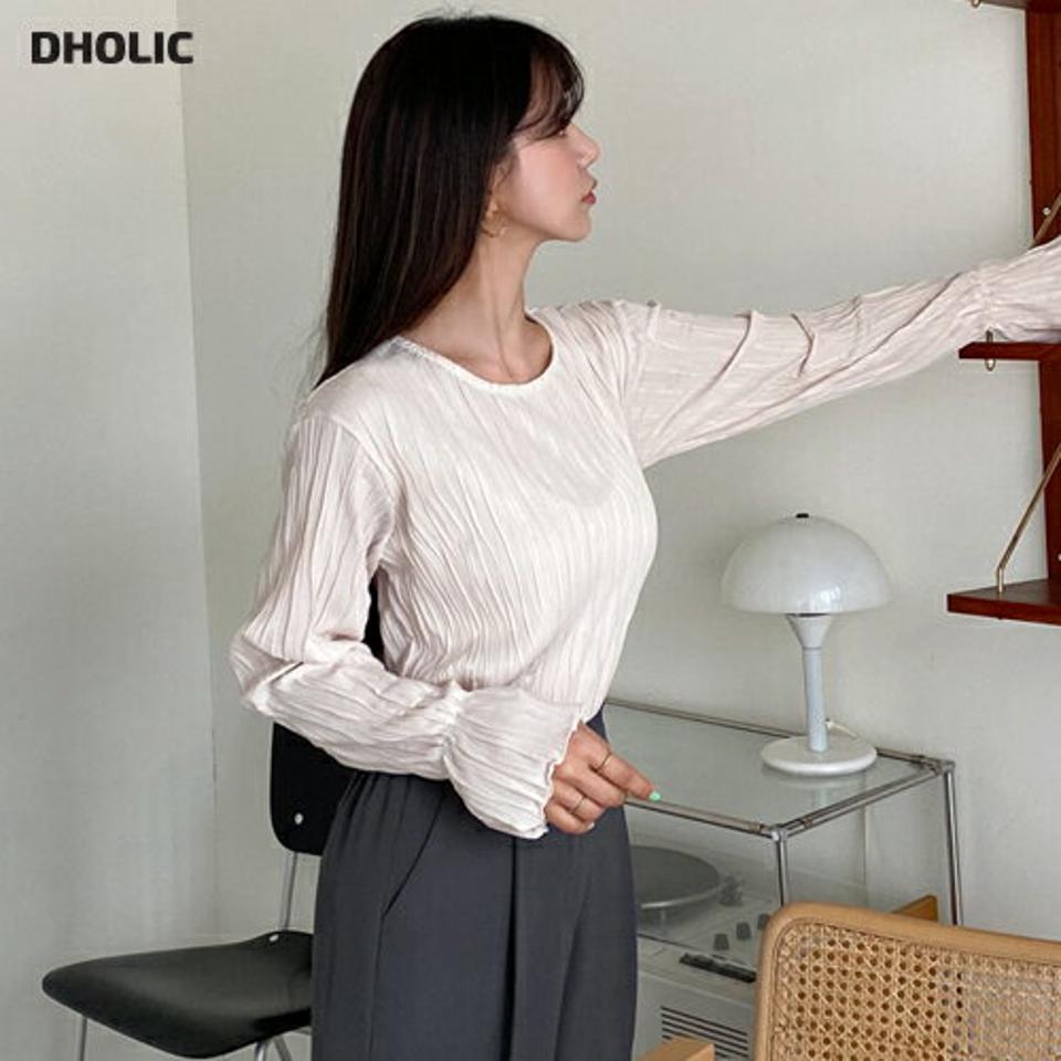 ラウンドリンクルブラウス・全3色・b65103 レディース 【bl】【韓国 ファッション トップス ブラウス 長袖 上品 体型カバー ラウンドネック リンクルブラウス フェミニン カジュアル デイリー 秋 春】