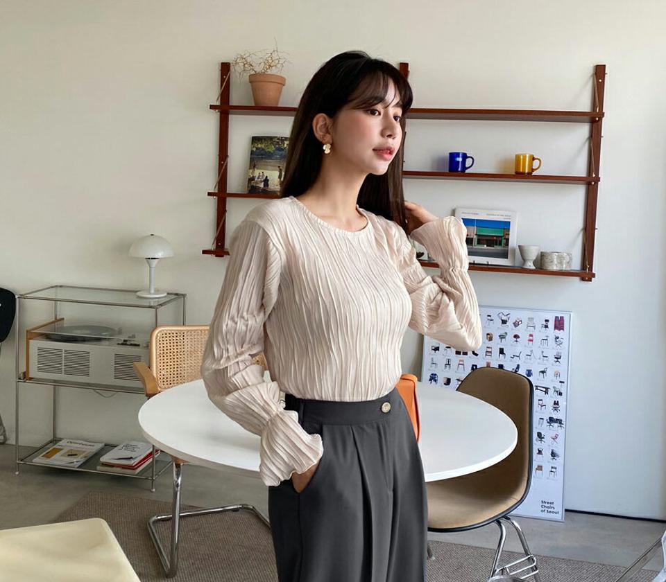 ラウンドリンクルブラウス・全3色・b65103 レディース 【bl】【韓国 ファッション トップス ブラウス 長袖 上品 体型カバー ラウンドネック リンクルブラウス フェミニン カジュアル デイリー 秋 春】