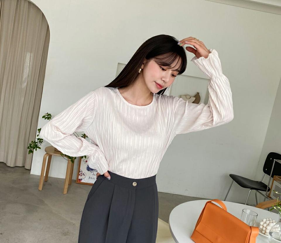 ラウンドリンクルブラウス・全3色・b65103 レディース 【bl】【韓国 ファッション トップス ブラウス 長袖 上品 体型カバー ラウンドネック リンクルブラウス フェミニン カジュアル デイリー 秋 春】