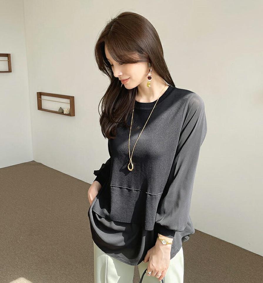 コントラストバックボタンニット・全2色・b67562 レディース 【tops】【トップス ニット ニットトップス シフォン コントラスト 単色 無地 シンプル カジュアル 長袖 春 秋 韓国 ファッション】【ハイホリHIHOLLI】