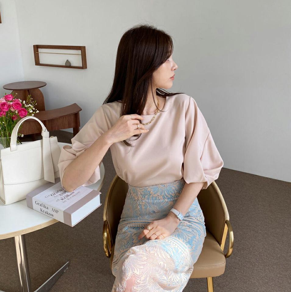 ツイストパフブラウス・全5色・b67554 レディース 【bl】 トップス ブラウス 半端丈 ハーフスリーブ 七分丈 七分袖 7分袖 パフ袖 パフスリーブ 単色 無地 オフィスカジュアル ピンク 春 夏 秋 きれいめ 韓国ファッション ハイホリHIHOLLI