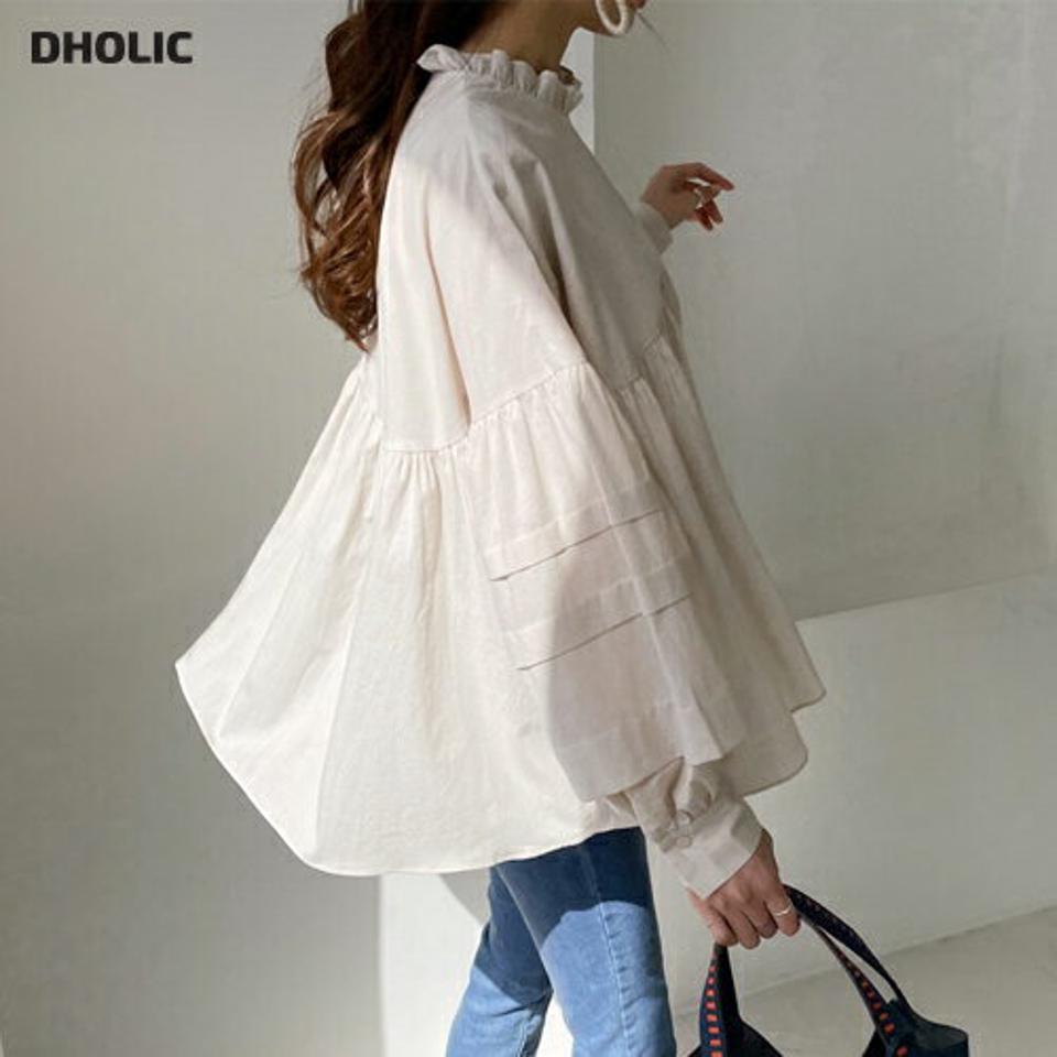 ティアードパフブラウス・全2色・t67556 レディース 【bl】【トップス ブラウス 長袖 ティアード パフスリーブ パフ袖 シンプル ギャザー ボリューム フリルネック 大人 かわいい 可愛い 春 秋 韓国 ファッション】【ハイホリHIHOLLI】