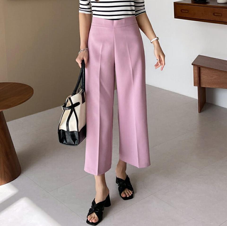 バックゴムワイドスラックス・全4色・b67575 レディース 【pt】【スラックス パンツ ズボン ロングパンツ ワイドスラックス ワイド 単色 無地 クロップド丈 シンプル 大人 ベーシック 春 秋 韓国 ファッション】【ハイホリHIHOLLI】