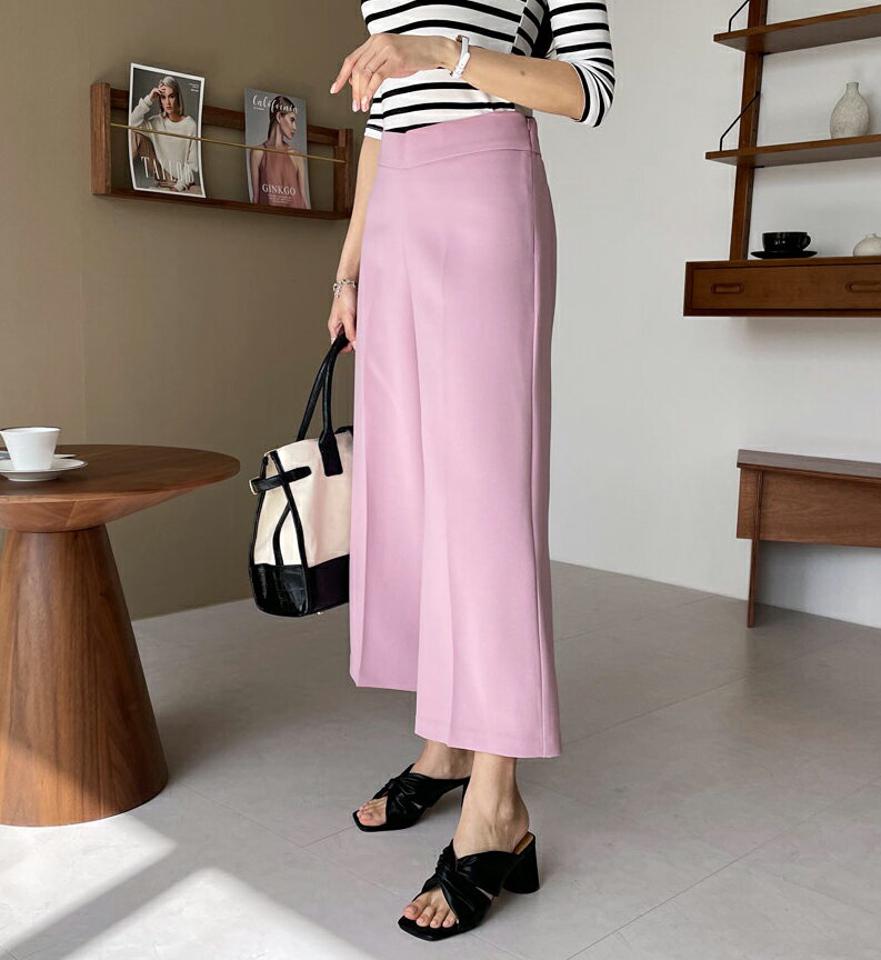 バックゴムワイドスラックス・全4色・b67575 レディース 【pt】【スラックス パンツ ズボン ロングパンツ ワイドスラックス ワイド 単色 無地 クロップド丈 シンプル 大人 ベーシック 春 秋 韓国 ファッション】【ハイホリHIHOLLI】