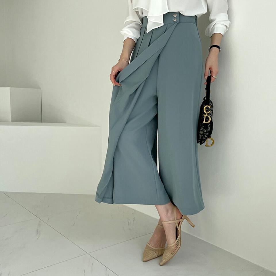 プリーツラップ調ワイドパンツ・全4色・b67574 レディース 【pt】【パンツ ズボン ロングパンツ ワイド ワイドパンツ ラップデザイン ラップパンツ プリーツ 単色 シンプル 大人 春 秋 韓国 ファッション】【ハイホリHIHOLLI】