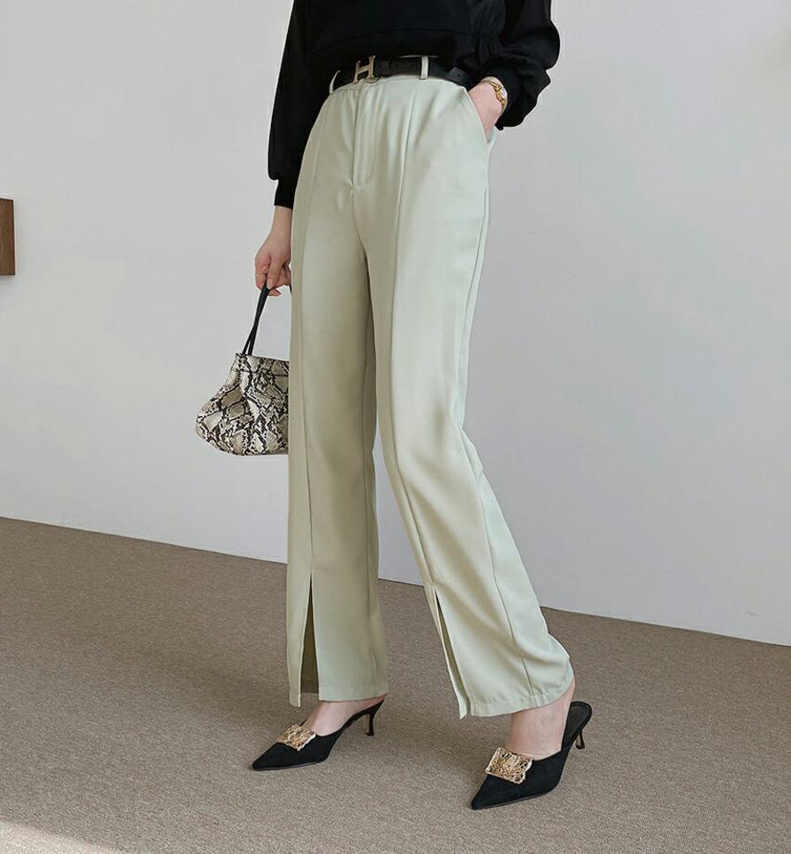 スリットへムスラックスパンツ・全3色・t67576 レディース 【pt】【スラックス パンツ ズボン ロングパンツ スリット スリットヘム 単色 無地 シンプル ベーシック 大人 オフィスカジュアル 春 秋 韓国 ファッション】【ハイホリHIHOLLI】