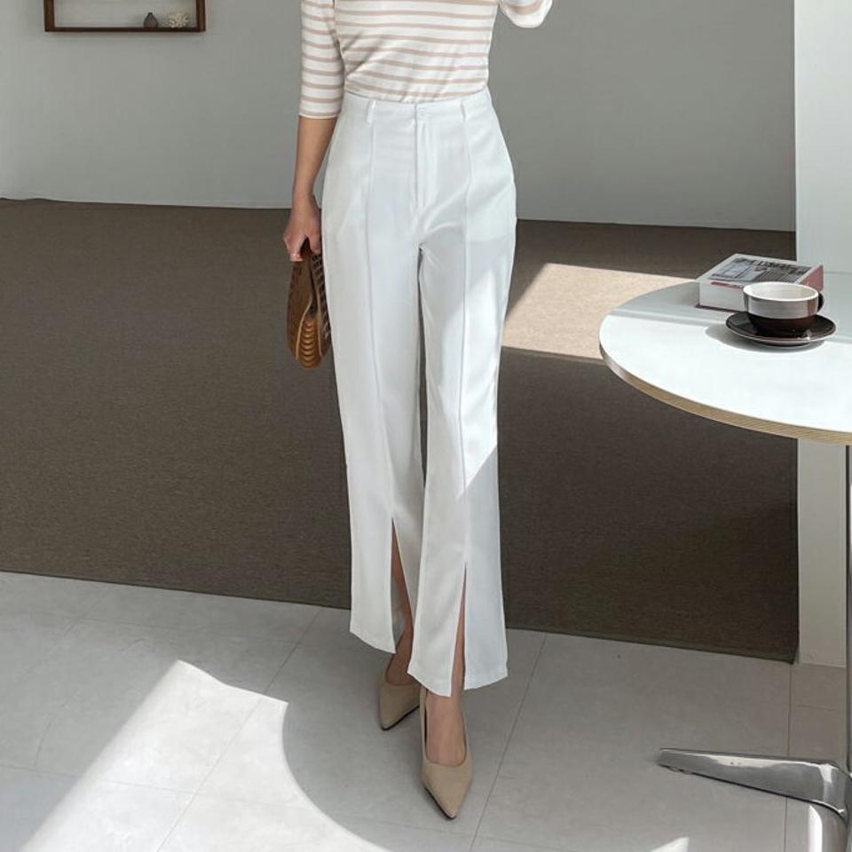 スリットへムスラックスパンツ・全3色・t67576 レディース 【pt】【スラックス パンツ ズボン ロングパンツ スリット スリットヘム 単色 無地 シンプル ベーシック 大人 オフィスカジュアル 春 秋 韓国 ファッション】【ハイホリHIHOLLI】