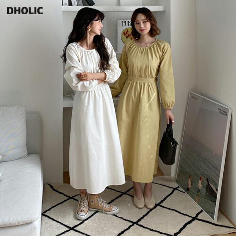 ギャザーフレアワンピース・全3色・t65100 レディース 【ops】【韓国 ファッション ワンピース ロング ロングワンピース 長袖 ウエストスリボン フレアワンピース ギャザー ラウンドネック フェミニン 細身 スリム カジュアル 体型カバー 秋 春】