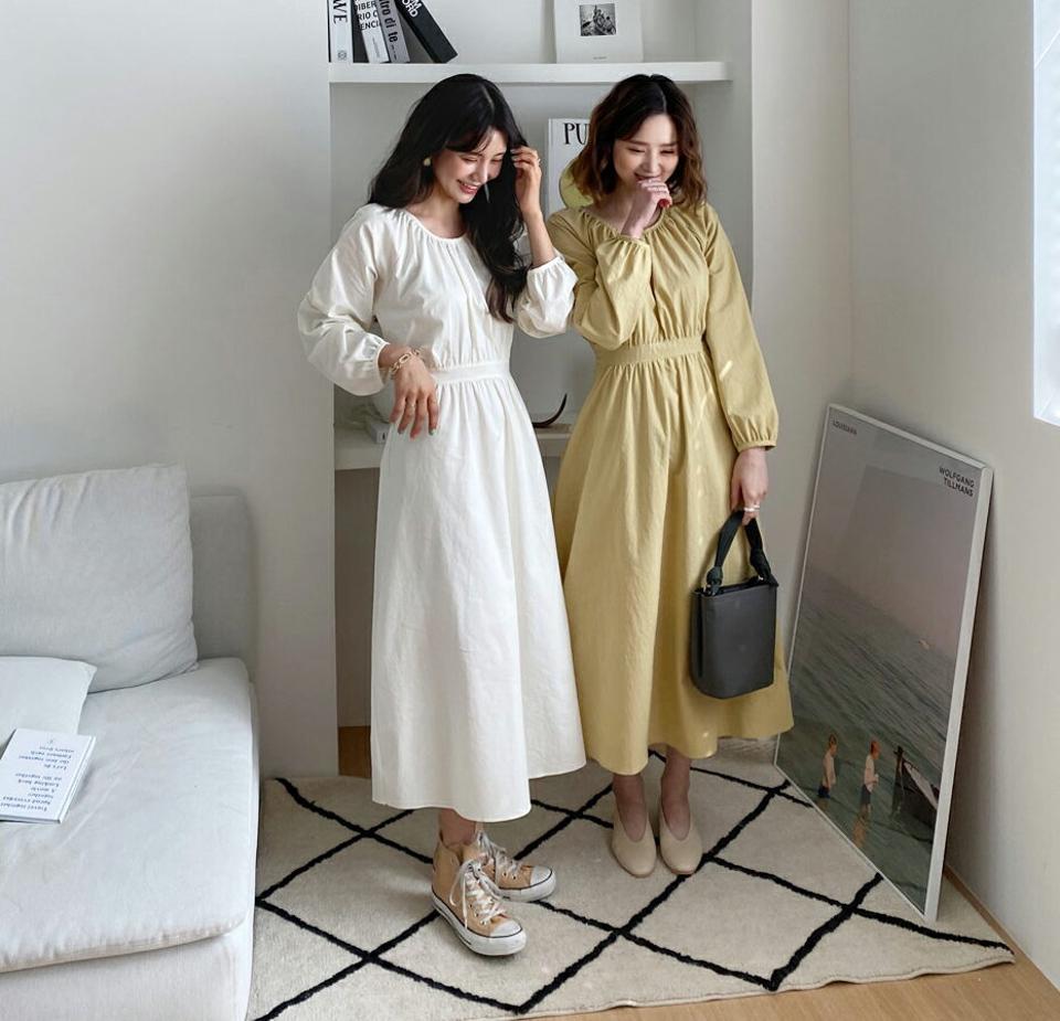 ギャザーフレアワンピース・全3色・t65100 レディース 【ops】【韓国 ファッション ワンピース ロング ロングワンピース 長袖 ウエストスリボン フレアワンピース ギャザー ラウンドネック フェミニン 細身 スリム カジュアル 体型カバー 秋 春】