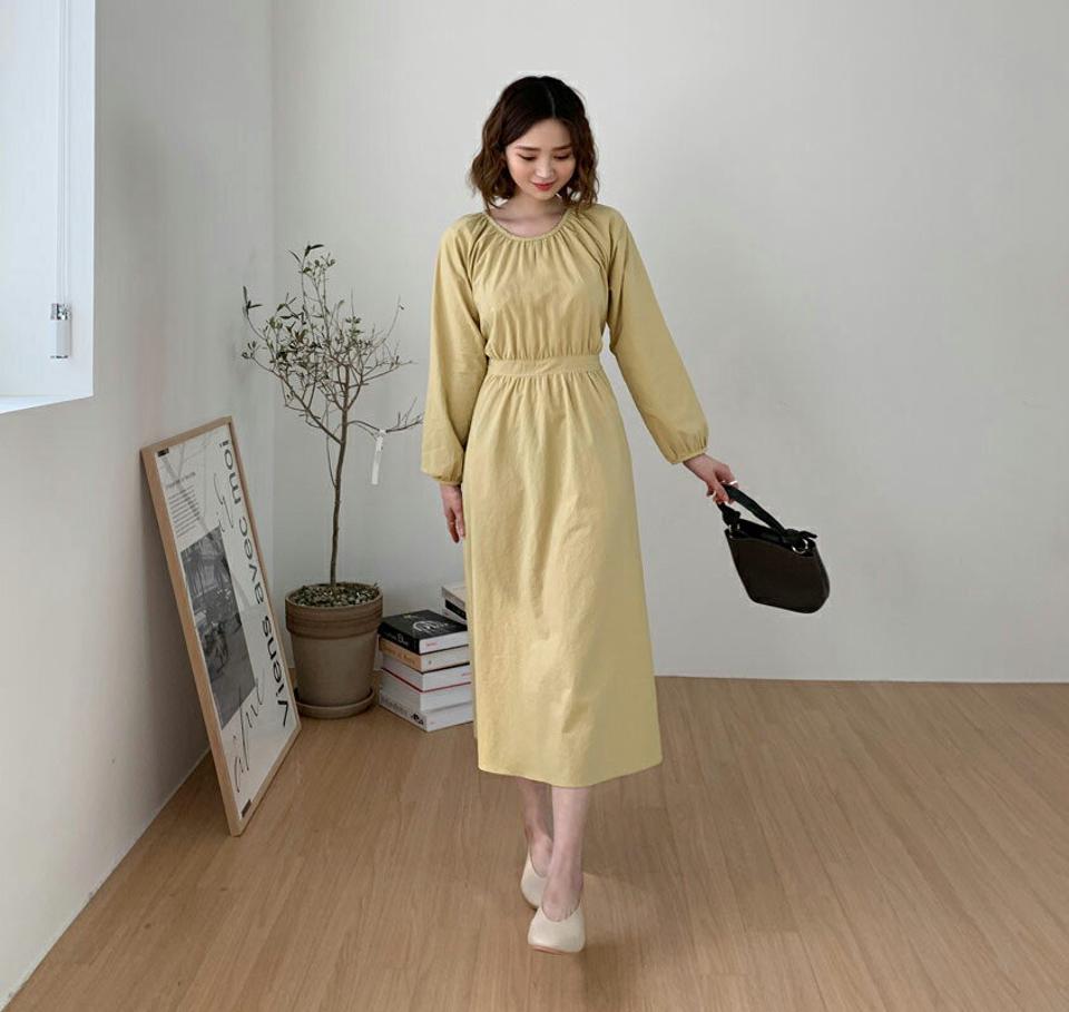 ギャザーフレアワンピース・全3色・t65100 レディース 【ops】【韓国 ファッション ワンピース ロング ロングワンピース 長袖 ウエストスリボン フレアワンピース ギャザー ラウンドネック フェミニン 細身 スリム カジュアル 体型カバー 秋 春】