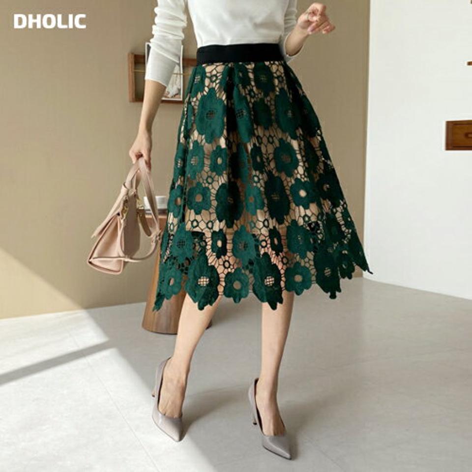 ビッグフラワーレースフレアスカート・全2色・b67581 レディース 【sk】【スカート ミディ丈 ミディスカート フラワー レース 花柄 透け感 Aライン ボリューム 可愛い かわいい ウエストゴム 春 秋 韓国 ファッション】【ハイホリHIHOLLI】