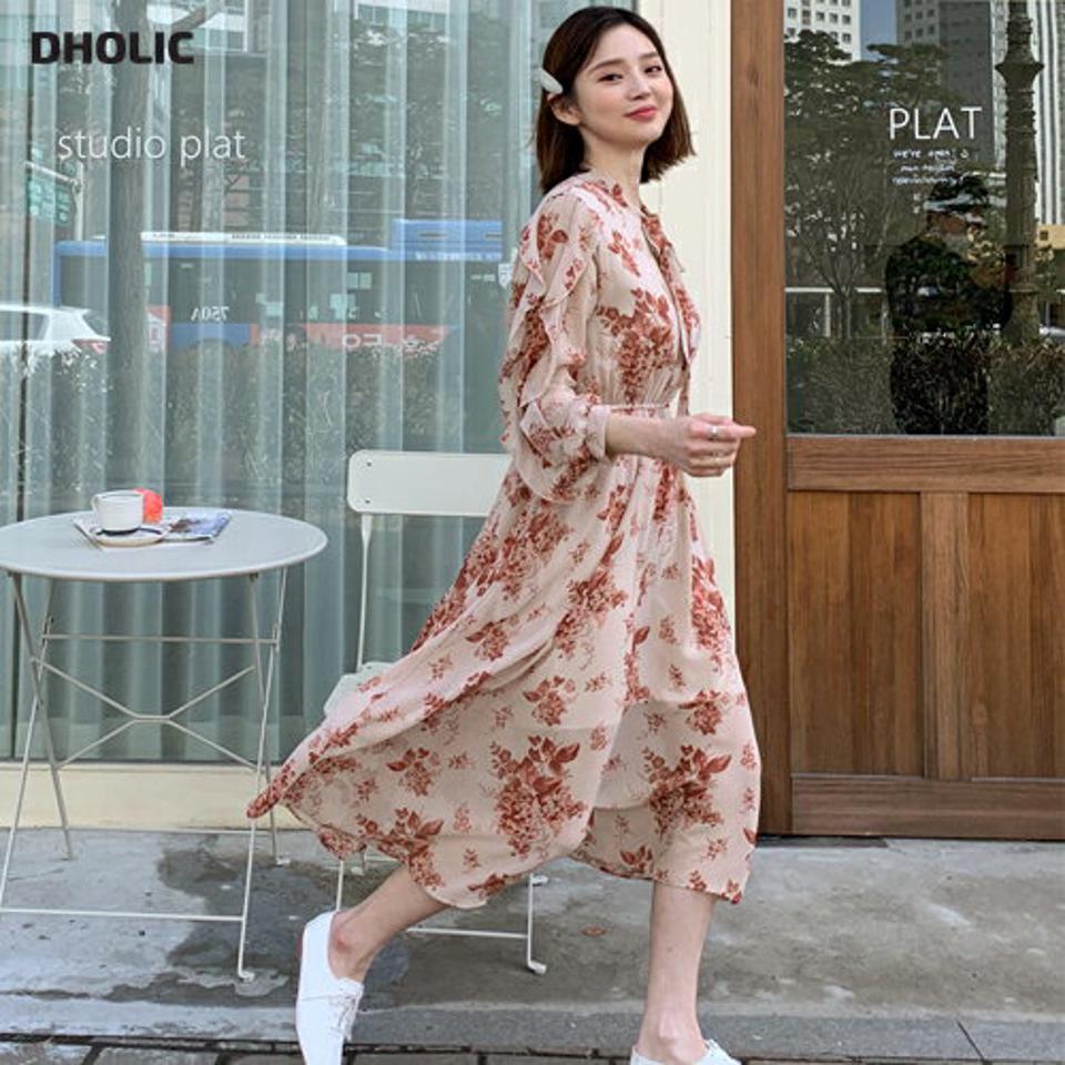 リボンフリル花柄ワンピース・全2色・b65098 レディース 【ops】【韓国 ファッション ワンピース ロング ロングワンピース 長袖 ネックリボン 花柄 シフォン フリル 揺れ感 フレア フェミニン 細身 スリム カジュアル 体型カバー 秋 春】【fw】