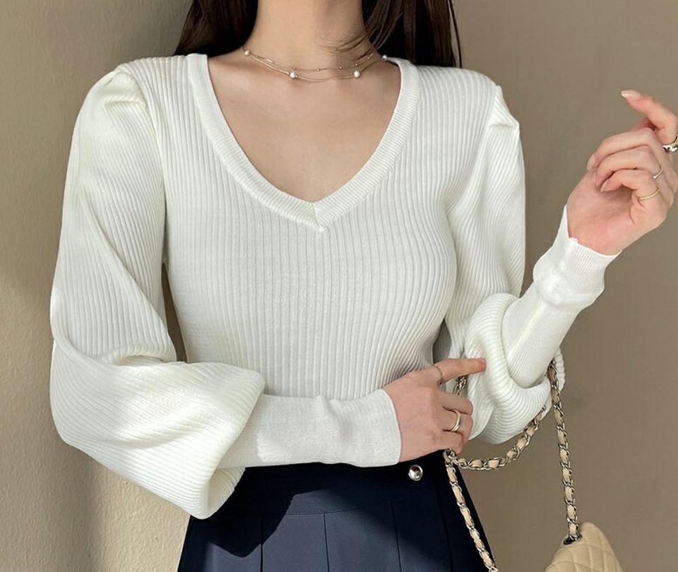 リブパフスリーブニット・全3色・b67565 レディース 【tops】【トップス ニット ニットトップス 長袖 パフ袖 パフスリーブ 単色 無地 シンプル 大人 リブ Vネック デコルテ 鎖骨 春 秋 韓国 ファッション】【ハイホリHIHOLLI】