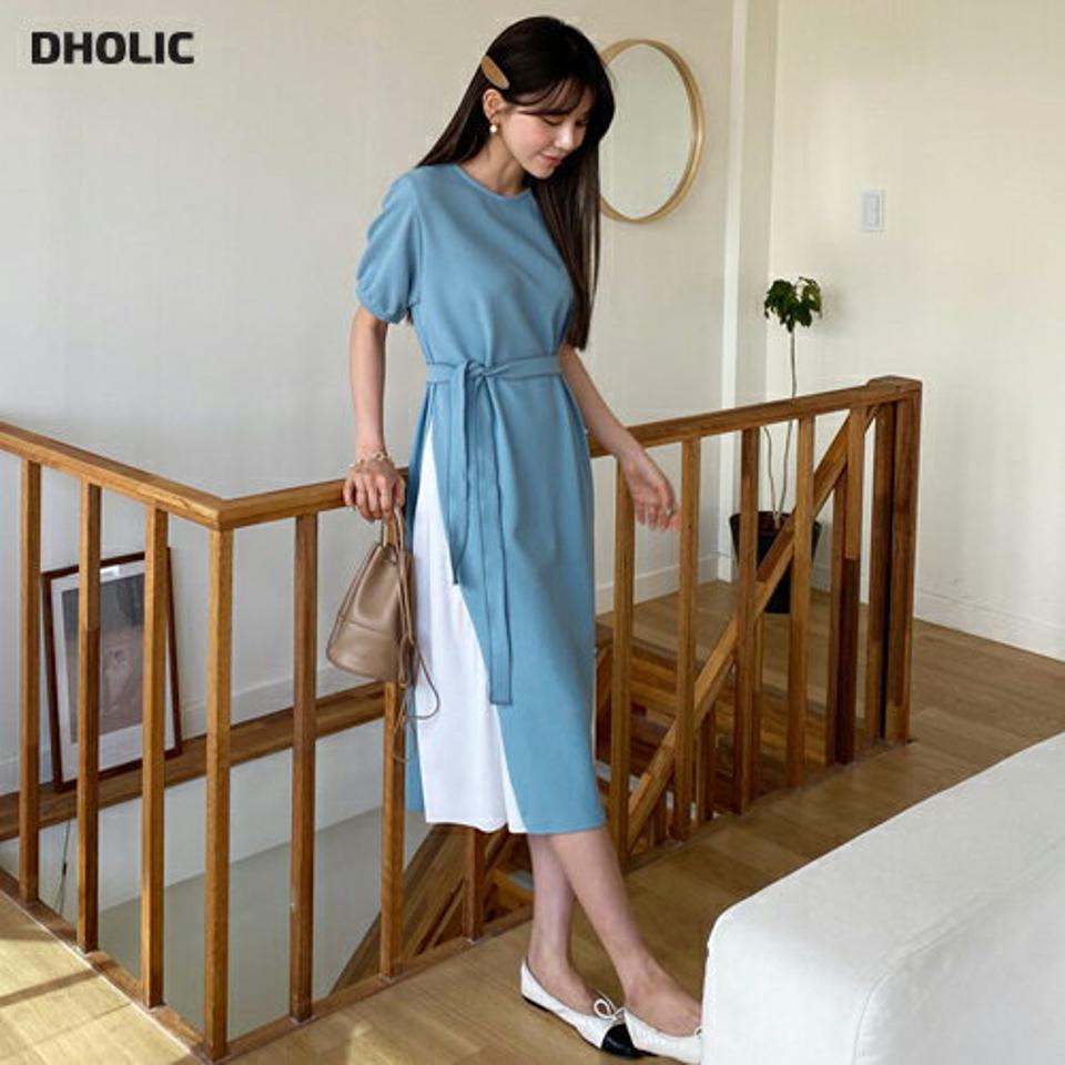 ストラップ付配色ワンピース・全3色・t65101 レディース 【ops】【韓国 ファッション ワンピース ロング ロングワンピース 半袖 サイドプリーツ 配色 揺れ感 ウエストストラップ フェミニン 細身 スリム カジュアル 体型カバー 秋 春】