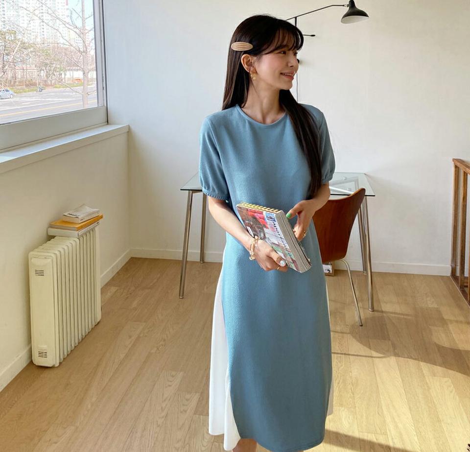 ストラップ付配色ワンピース・全3色・t65101 レディース 【ops】【韓国 ファッション ワンピース ロング ロングワンピース 半袖 サイドプリーツ 配色 揺れ感 ウエストストラップ フェミニン 細身 スリム カジュアル 体型カバー 秋 春】