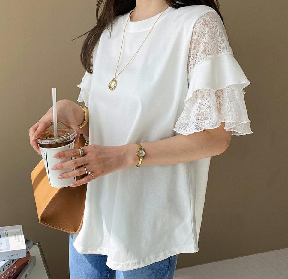 レースティアードスリーブTシャツ・全4色・t67561 レディース 【tops】【トップス Tシャツ 半袖 ティアード レース 透け感 シアー シースルー フェミニン 大人 かわいい 可愛い 春 夏 韓国 ファッション】【ハイホリHIHOLLI】