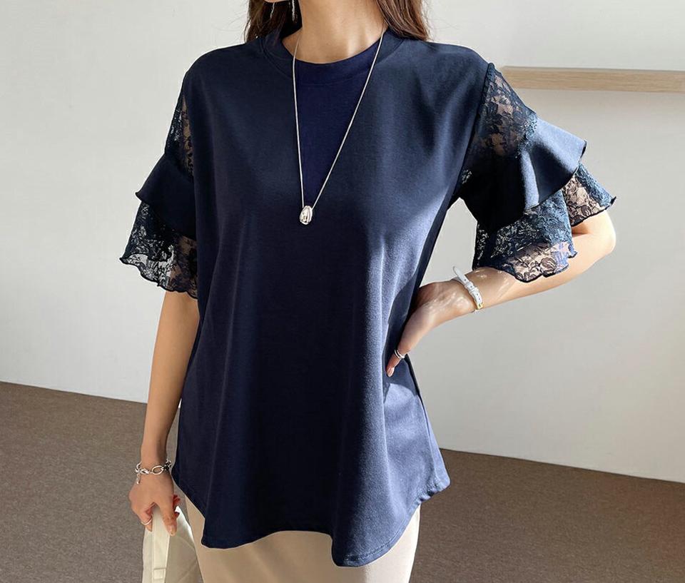 レースティアードスリーブTシャツ・全4色・t67561 レディース 【tops】【トップス Tシャツ 半袖 ティアード レース 透け感 シアー シースルー フェミニン 大人 かわいい 可愛い 春 夏 韓国 ファッション】【ハイホリHIHOLLI】
