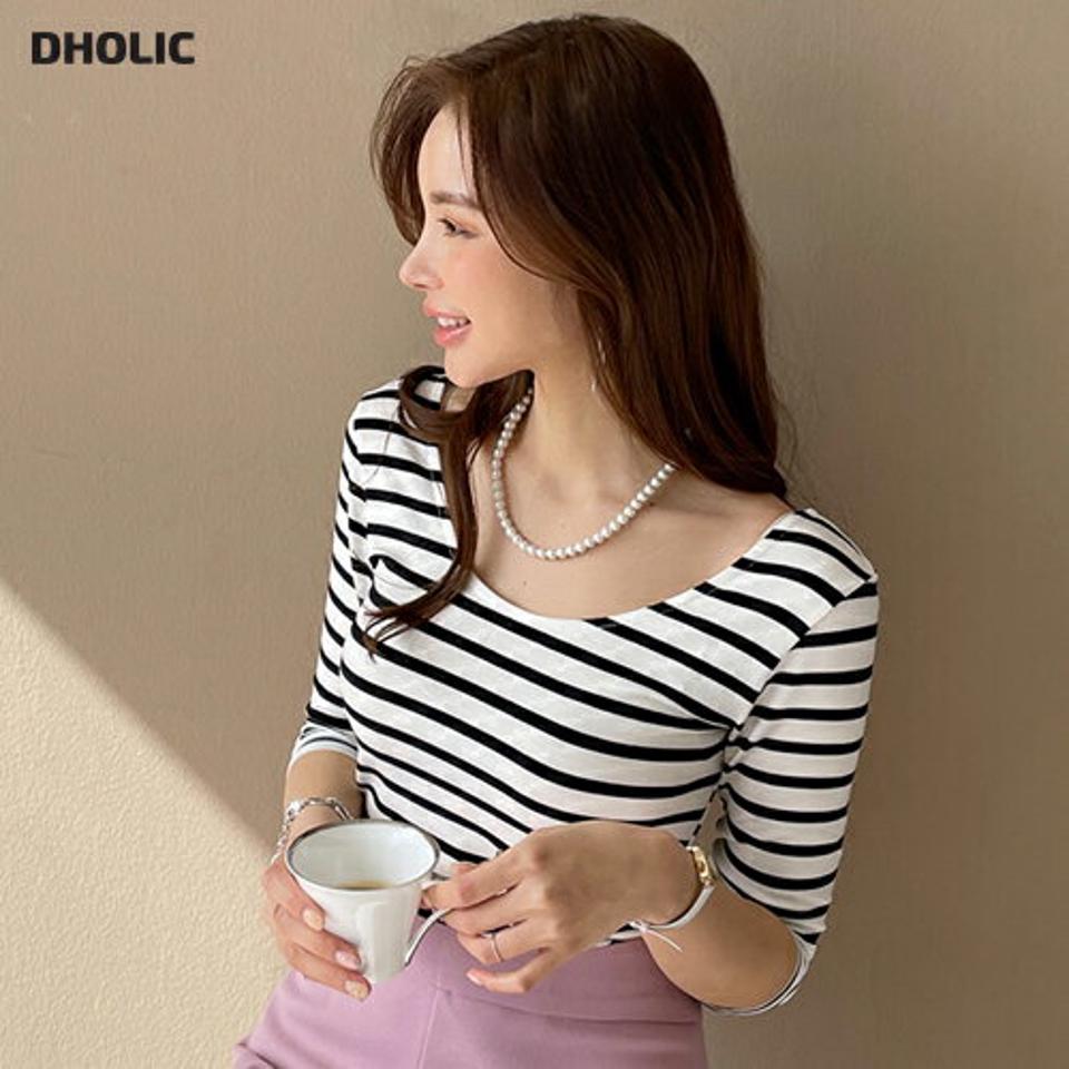 UネックボーダースリムTシャツ・全4色・t67560 レディース 【tops】【トップス Tシャツ 七分丈 七分袖 7分丈 7分袖 ボーダー柄 Uネック スリム カジュアル 大人 鎖骨 デコルテ 春 秋 韓国 ファッション】【ハイホリHIHOLLI】