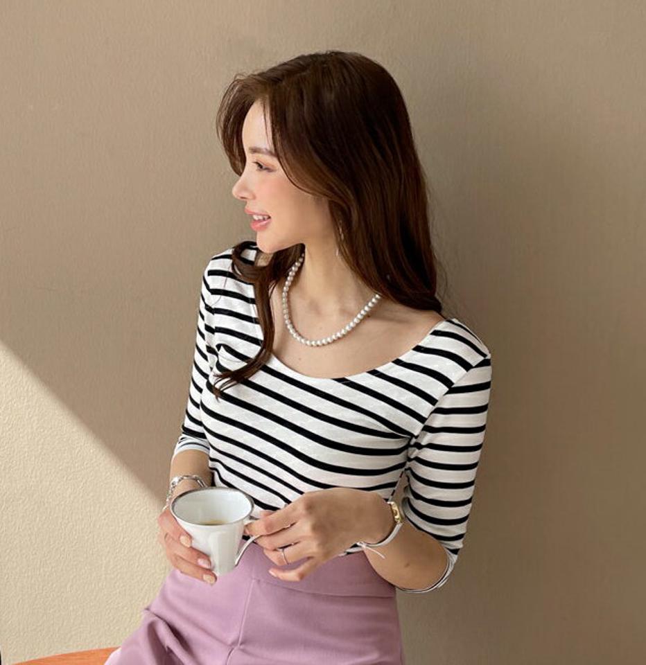 UネックボーダースリムTシャツ・全4色・t67560 レディース 【tops】【トップス Tシャツ 七分丈 七分袖 7分丈 7分袖 ボーダー柄 Uネック スリム カジュアル 大人 鎖骨 デコルテ 春 秋 韓国 ファッション】【ハイホリHIHOLLI】