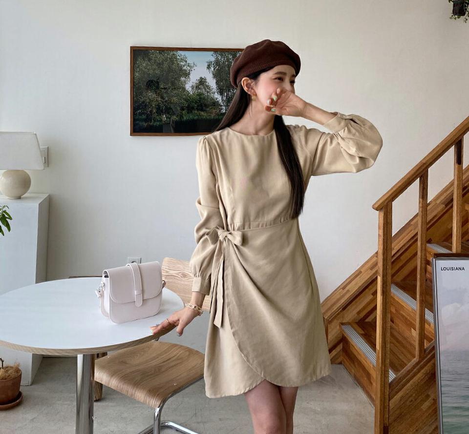 ラップミニワンピース・全4色・t65097 レディース 【ops】韓国ファッション ワンピース ミニ ミニワンピース ラウンドネック ラップワンピース ガーリー スリム カジュアル 体型カバー 秋 春