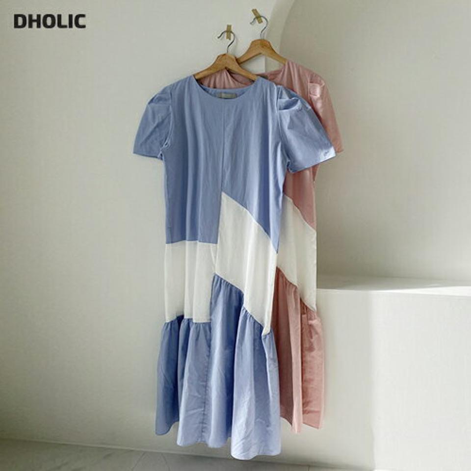 配色パフワンピース・全4色・b67567 レディース 【ops】【ワンピース ロング ロングワンピース 半袖 パフ袖 パフスリーブ 配色 アンバランス マキシ丈 マキシワンピース 体型カバー 韓国 ファッション】【ハイホリHIHOLLI】