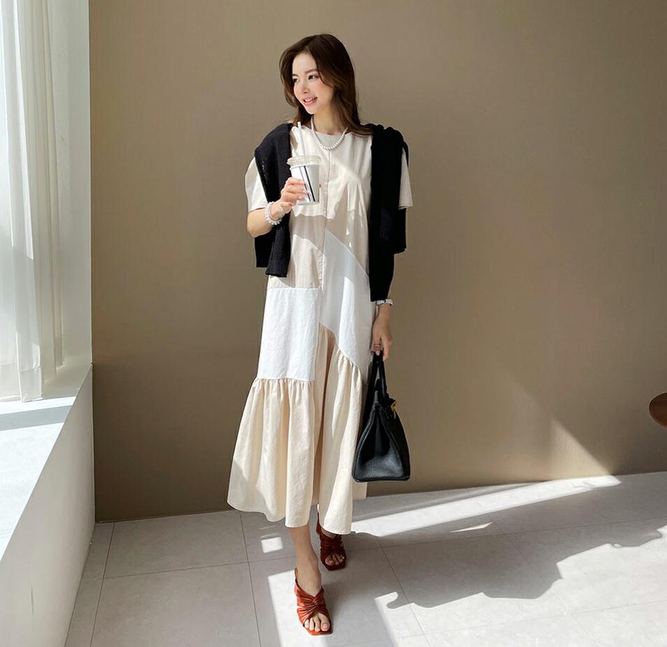 配色パフワンピース・全4色・b67567 レディース 【ops】【ワンピース ロング ロングワンピース 半袖 パフ袖 パフスリーブ 配色 アンバランス マキシ丈 マキシワンピース 体型カバー 韓国 ファッション】【ハイホリHIHOLLI】