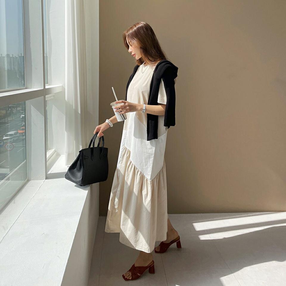 配色パフワンピース・全4色・b67567 レディース 【ops】【ワンピース ロング ロングワンピース 半袖 パフ袖 パフスリーブ 配色 アンバランス マキシ丈 マキシワンピース 体型カバー 韓国 ファッション】【ハイホリHIHOLLI】