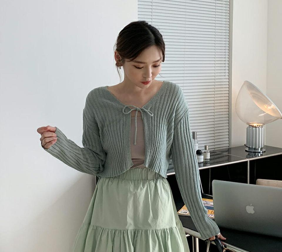 リボンリブカーディガン・全4色・t65104 レディース 【cd】【韓国 ファッション カーディガン カーデ 長袖 ラウンドネック リブ ニットカーディガン ショート丈 リボン 無地 ベーシック 上品 大人 ボリューム 秋 春】