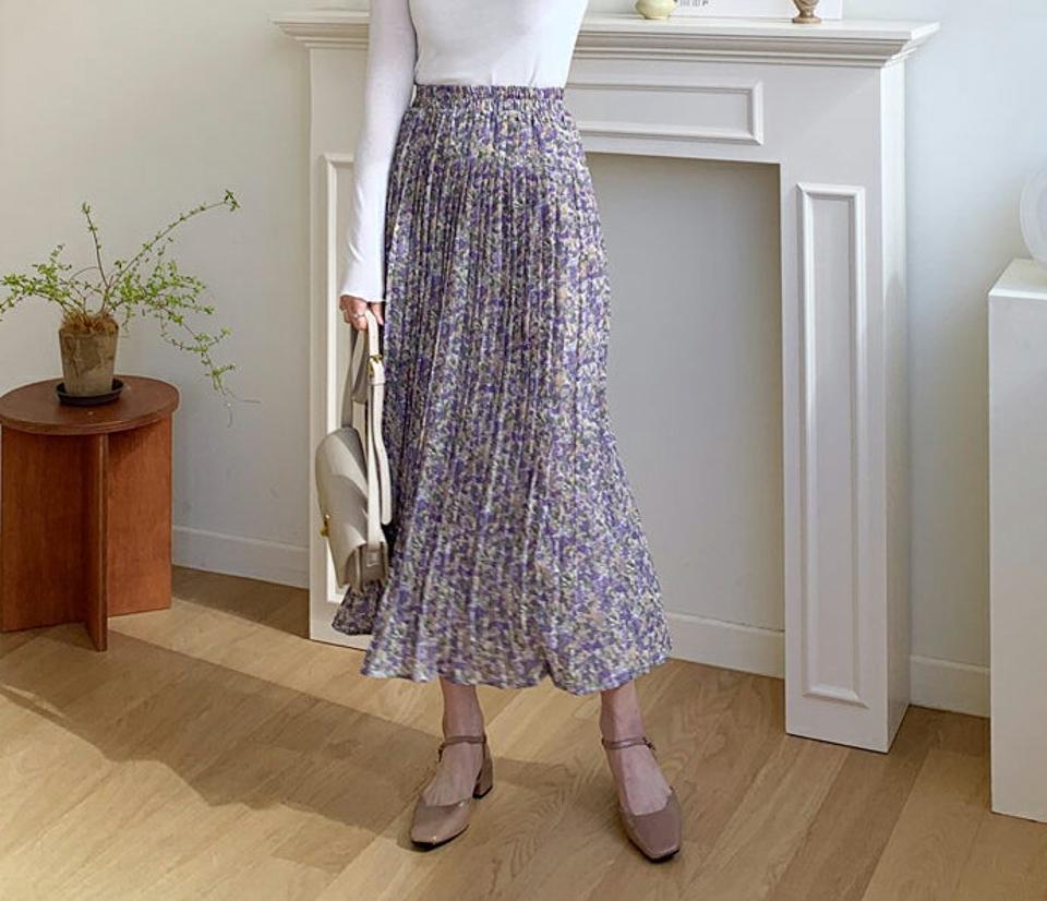 シフォン花柄プリーツスカート・全2色・b65111 レディース 【sk】【韓国 ファッション ボトムス スカート ロング ロングスカート 花柄 フラワー シフォン フローラル パターン プリーツ ウエストゴム フェミニン カジュアル デイリー 上品 秋 春】