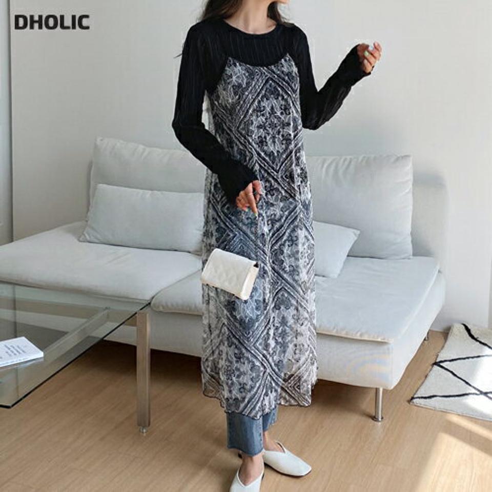 レースキャミワンピース・全2色・t65099 レディース 【ops】【韓国 ファッション ワンピース ロング ロングワンピース シースルー レース レイヤード風 ラウンドネック キャミソール キャミワンピース 細身 スリム カジュアル 体型カバー 秋 春】