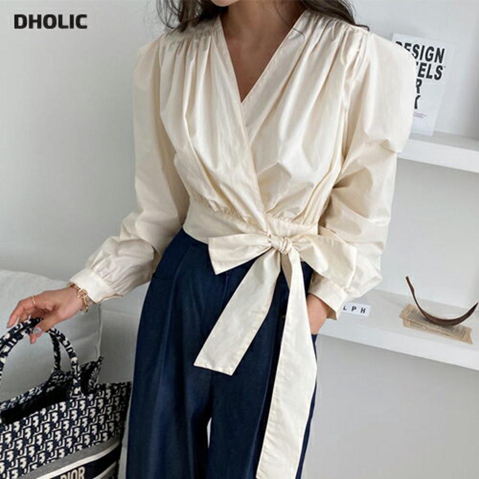 ラップリボンブラウス・全2色・t65106 レディース 【bl】【韓国 ファッション トップス ブラウス 長袖 上品 体型カバー ラップブラウス ギャザー クロスリボン クロップド丈 リボン フェミニン カジュアル デイリー 秋 春】