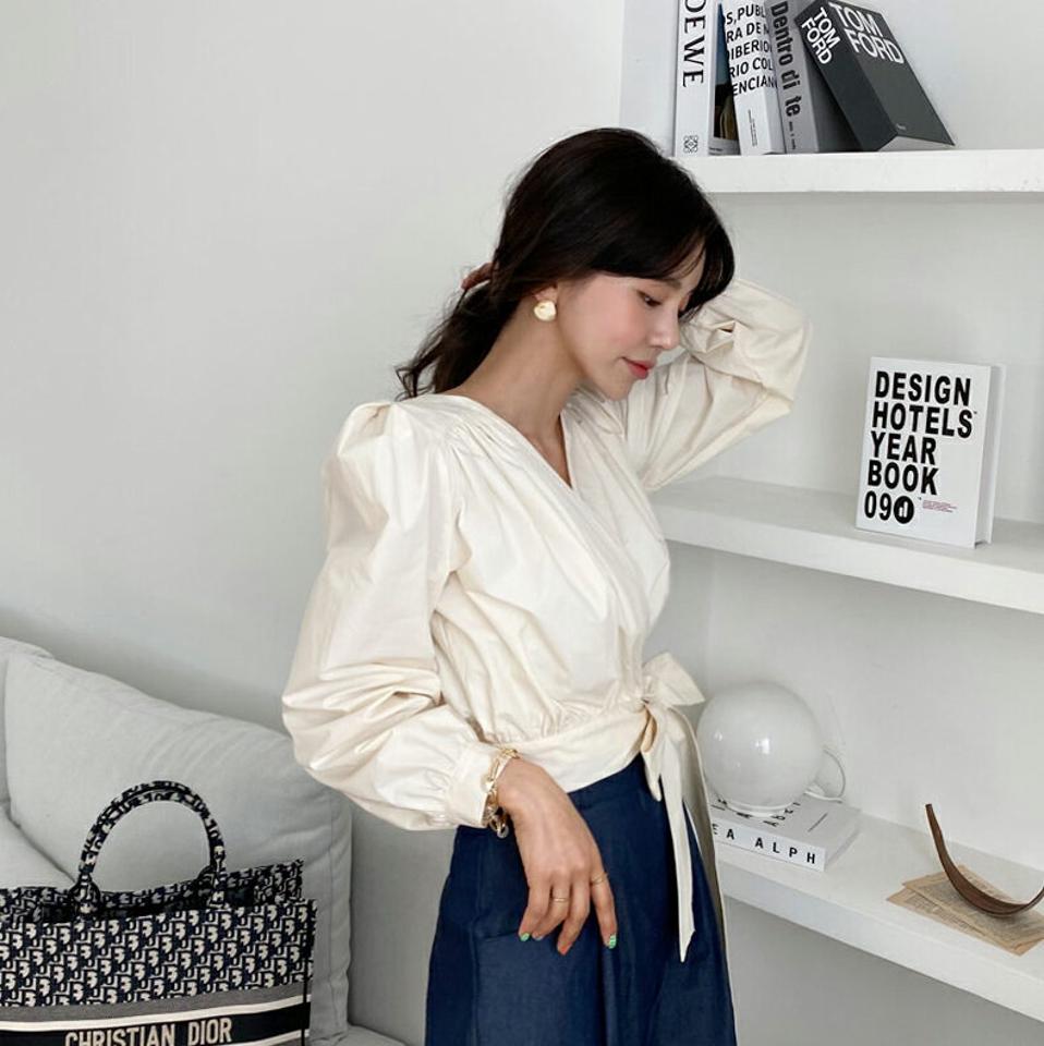 ラップリボンブラウス・全2色・t65106 レディース 【bl】【韓国 ファッション トップス ブラウス 長袖 上品 体型カバー ラップブラウス ギャザー クロスリボン クロップド丈 リボン フェミニン カジュアル デイリー 秋 春】