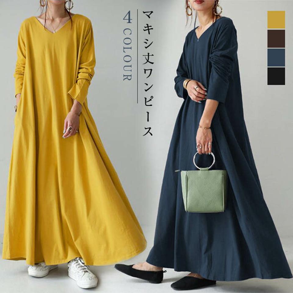 ロングワンピース レディース Vネック マキシ丈ワンピ ワンピース 長袖 マキシワンピース マキシ丈　大きいサイズ ゆったり 体型カバー 大人 着痩せ 30代 春秋 部屋着 ルームウェア