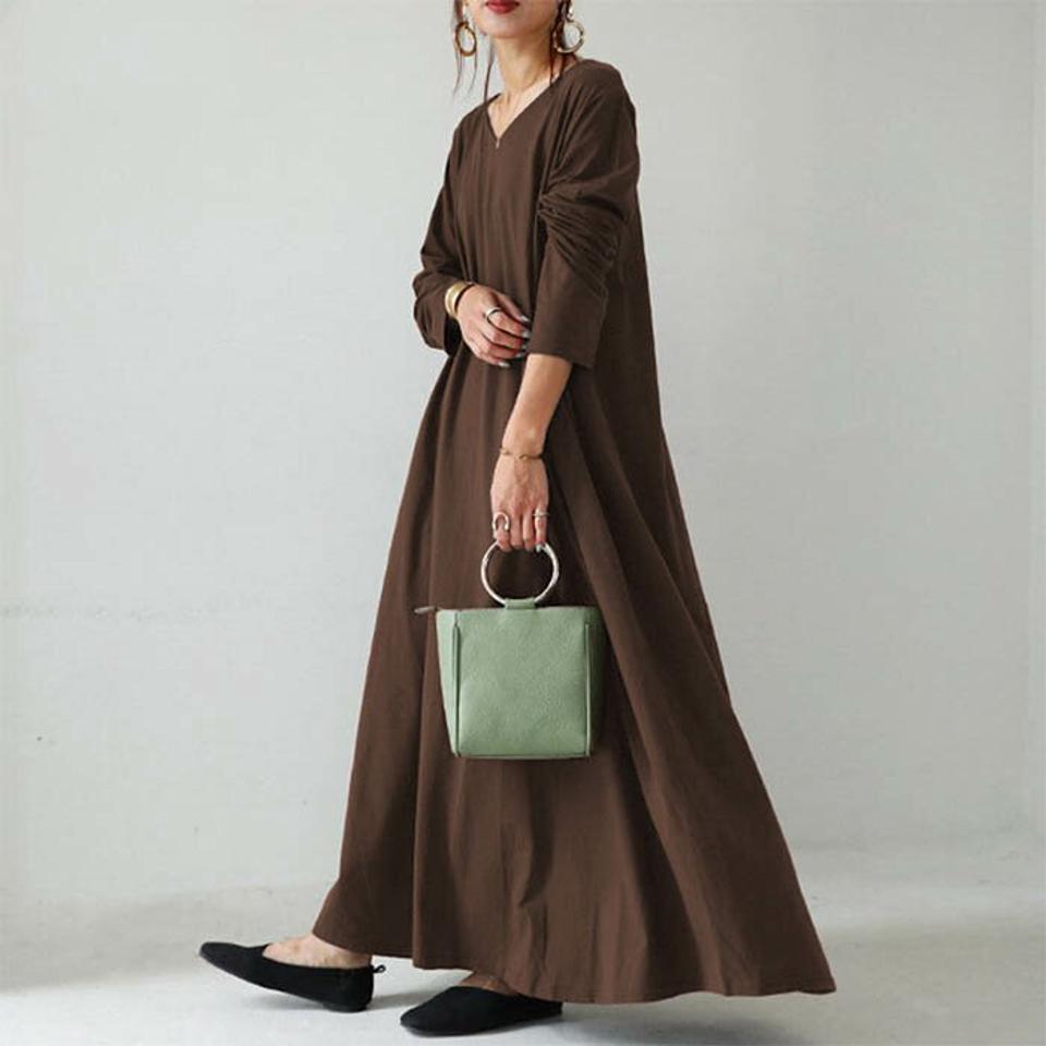 ロングワンピース レディース Vネック マキシ丈ワンピ ワンピース 長袖 マキシワンピース マキシ丈　大きいサイズ ゆったり 体型カバー 大人 着痩せ 30代 春秋 部屋着 ルームウェア