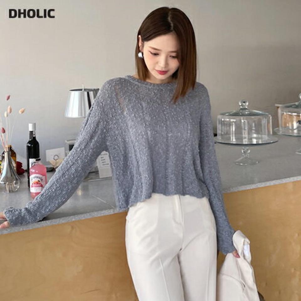 シアーラインクロップドニット・全7色・t63234 レディース 【tops】【韓国 ファッション トップス ニット 長袖 スリム カジュアル ラウンドネック シアー クロップド丈 細身 フェミニン ベーシック 無地 春 夏】