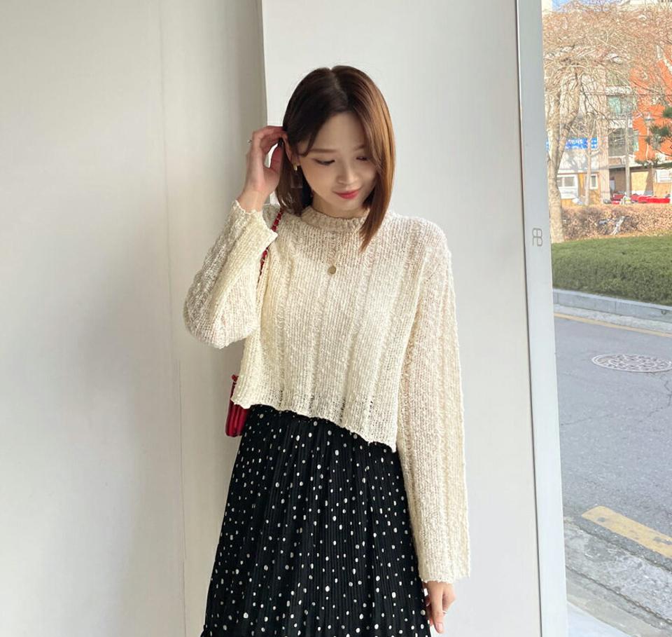 シアーラインクロップドニット・全7色・t63234 レディース 【tops】【韓国 ファッション トップス ニット 長袖 スリム カジュアル ラウンドネック シアー クロップド丈 細身 フェミニン ベーシック 無地 春 夏】
