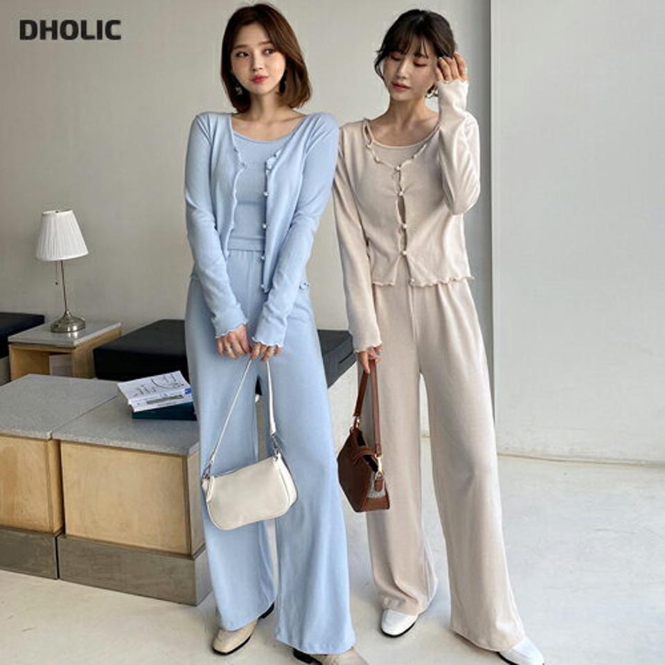 キャミ&カーデ&パンツ3SET・全4色・b63209 レディース 【pt】【韓国 ファッション ボトムス ロング ロングパンツ カジュアル セット キャミ スリム フィット 美脚 体型カーバー 10分丈 十分丈 ウエストゴム デイリー 春 夏】