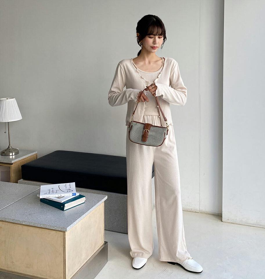 キャミ&カーデ&パンツ3SET・全4色・b63209 レディース 【pt】【韓国 ファッション ボトムス ロング ロングパンツ カジュアル セット キャミ スリム フィット 美脚 体型カーバー 10分丈 十分丈 ウエストゴム デイリー 春 夏】