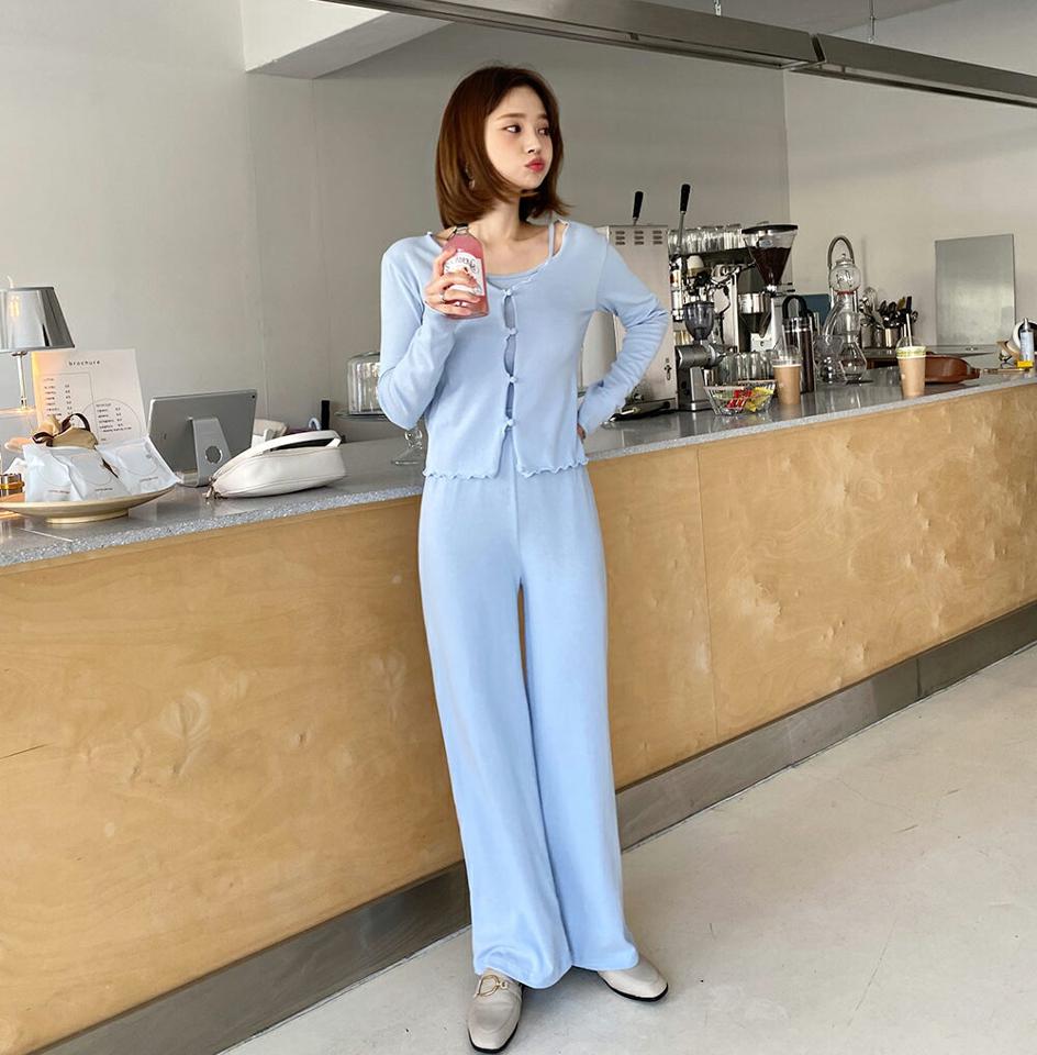 キャミ&カーデ&パンツ3SET・全4色・b63209 レディース 【pt】【韓国 ファッション ボトムス ロング ロングパンツ カジュアル セット キャミ スリム フィット 美脚 体型カーバー 10分丈 十分丈 ウエストゴム デイリー 春 夏】