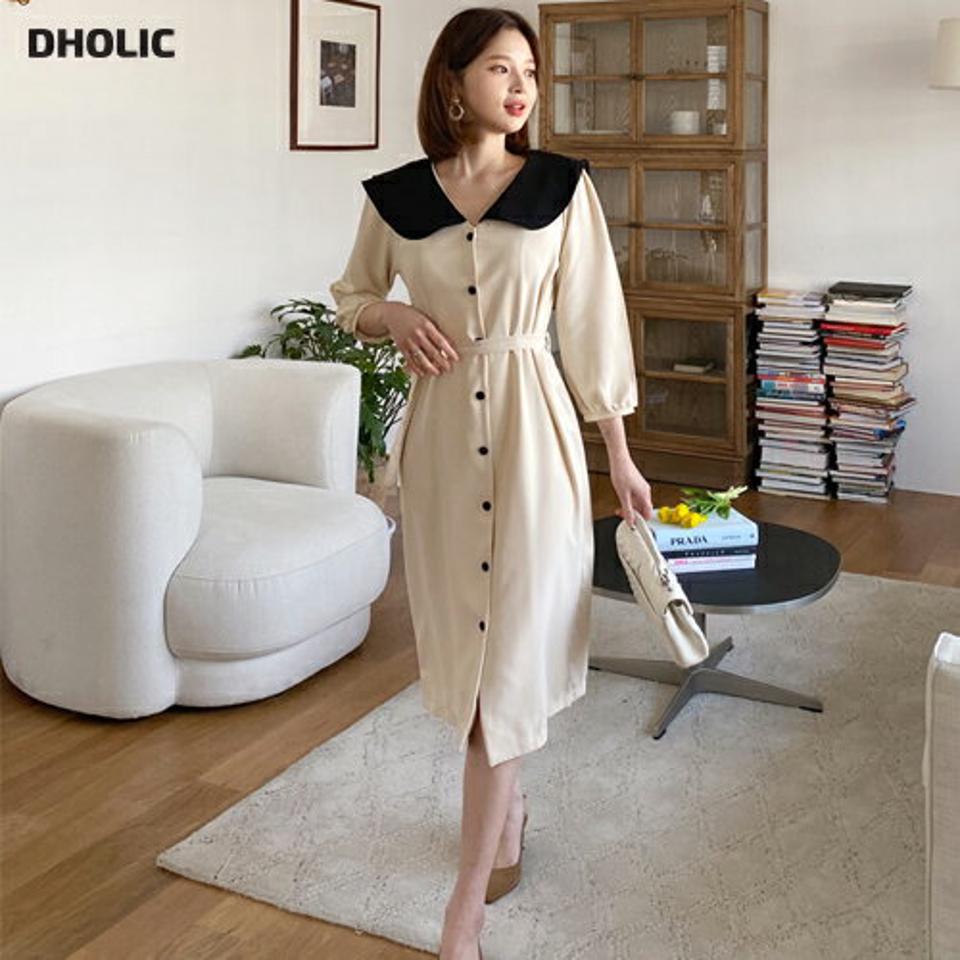 ストラップ付配色ダブルカラーワンピース・全2色・t63214 レディース 【ops】【韓国 ファッション ワンピース ロング ロングワンピース 長袖 Vネック デコルテ 配色 ビックカラー フレア フェミニン 体型カバー 春 夏】