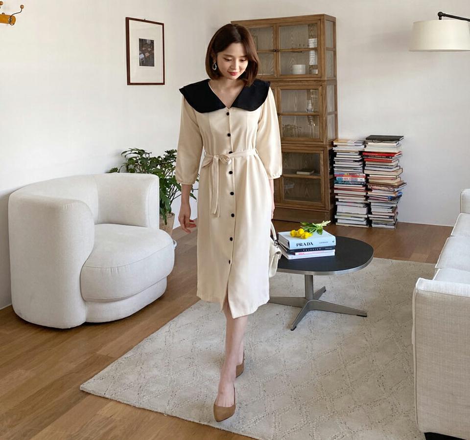 ストラップ付配色ダブルカラーワンピース・全2色・t63214 レディース 【ops】【韓国 ファッション ワンピース ロング ロングワンピース 長袖 Vネック デコルテ 配色 ビックカラー フレア フェミニン 体型カバー 春 夏】