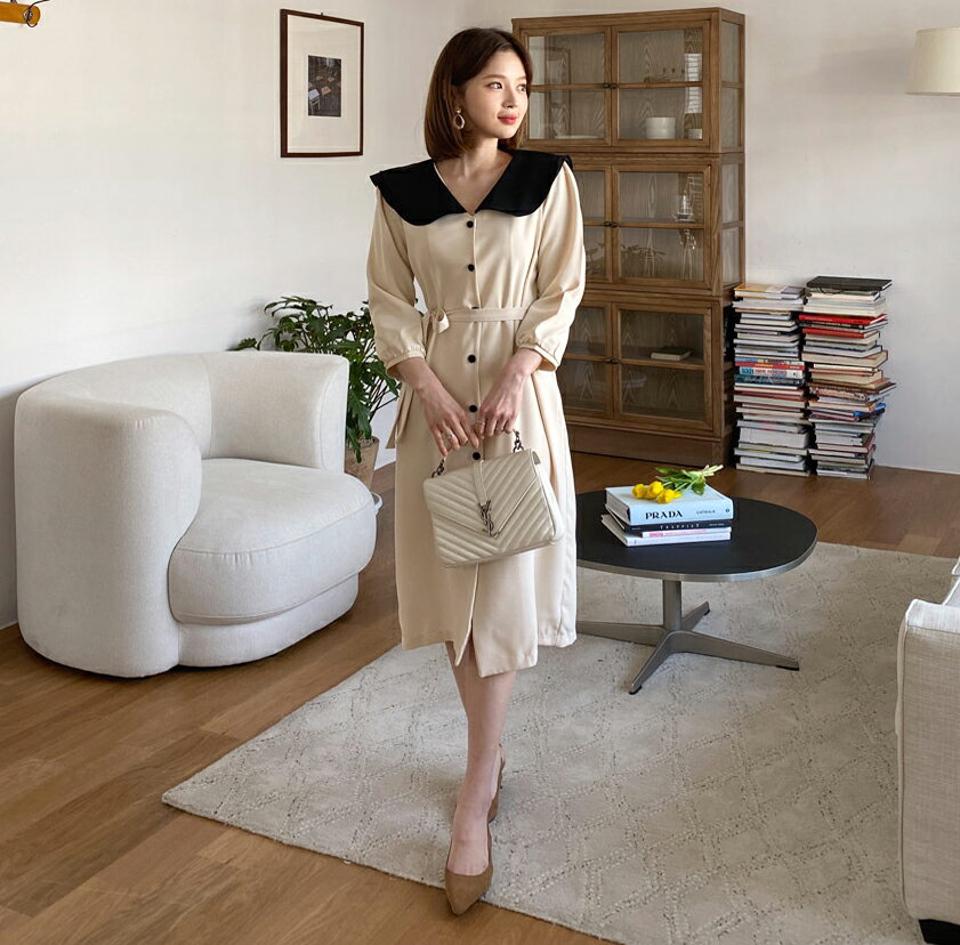 ストラップ付配色ダブルカラーワンピース・全2色・t63214 レディース 【ops】【韓国 ファッション ワンピース ロング ロングワンピース 長袖 Vネック デコルテ 配色 ビックカラー フレア フェミニン 体型カバー 春 夏】