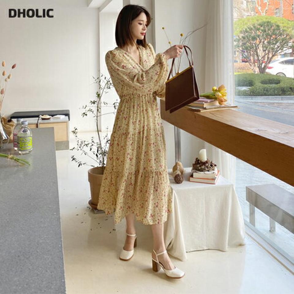 Vネック小花柄シフォンワンピース・全3色・b63213 レディース 【ops】【韓国 ファッション ワンピース ロング ロングワンピース 長袖 Vネック デコルテ シフォン 小花柄 花柄 フラワー フレア フェミニン 体型カバー 春 夏】【fw】